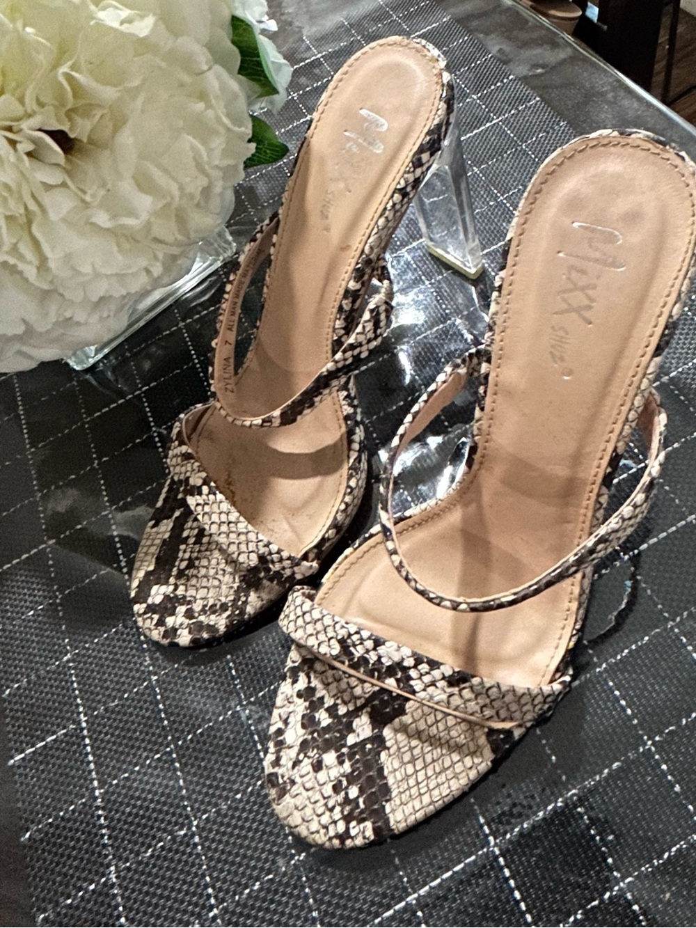 Mixx Shuz Snake-Print Strappy Sandals in Beige and Black with Clear Heel